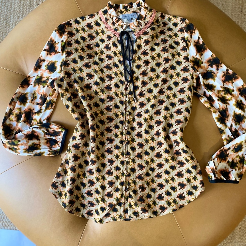Anthropologie Conditions Apply Blouse Mixed Media Printed Tie Neck Ruffle Shirt